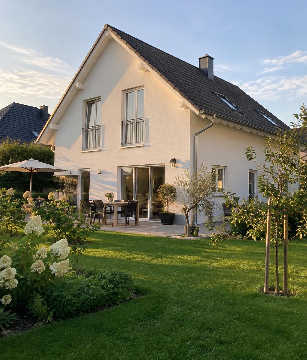 Einfamilienhaus mit Garten an einem sonnigen Nachmittag
